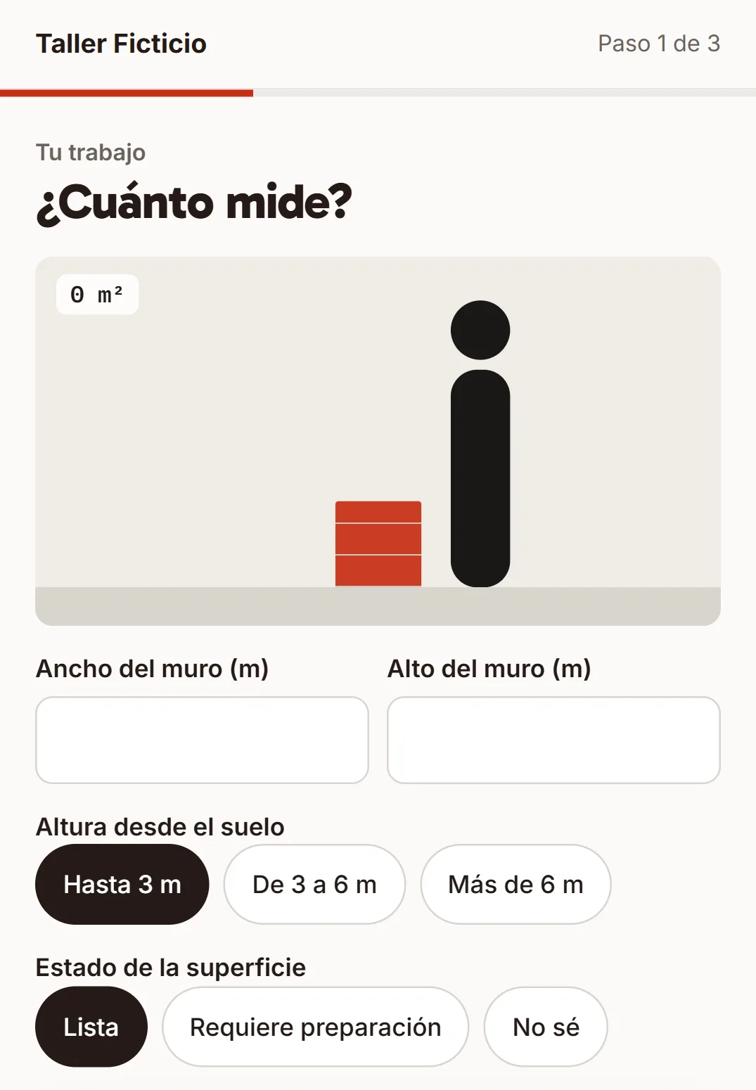 Formulario donde el cliente indica las medidas del muro